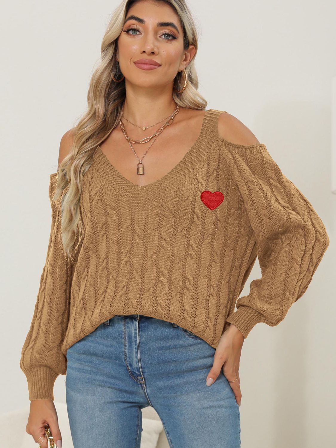 Cable-Knit Heart V-Neck Sweater  Trendsi Camel S 