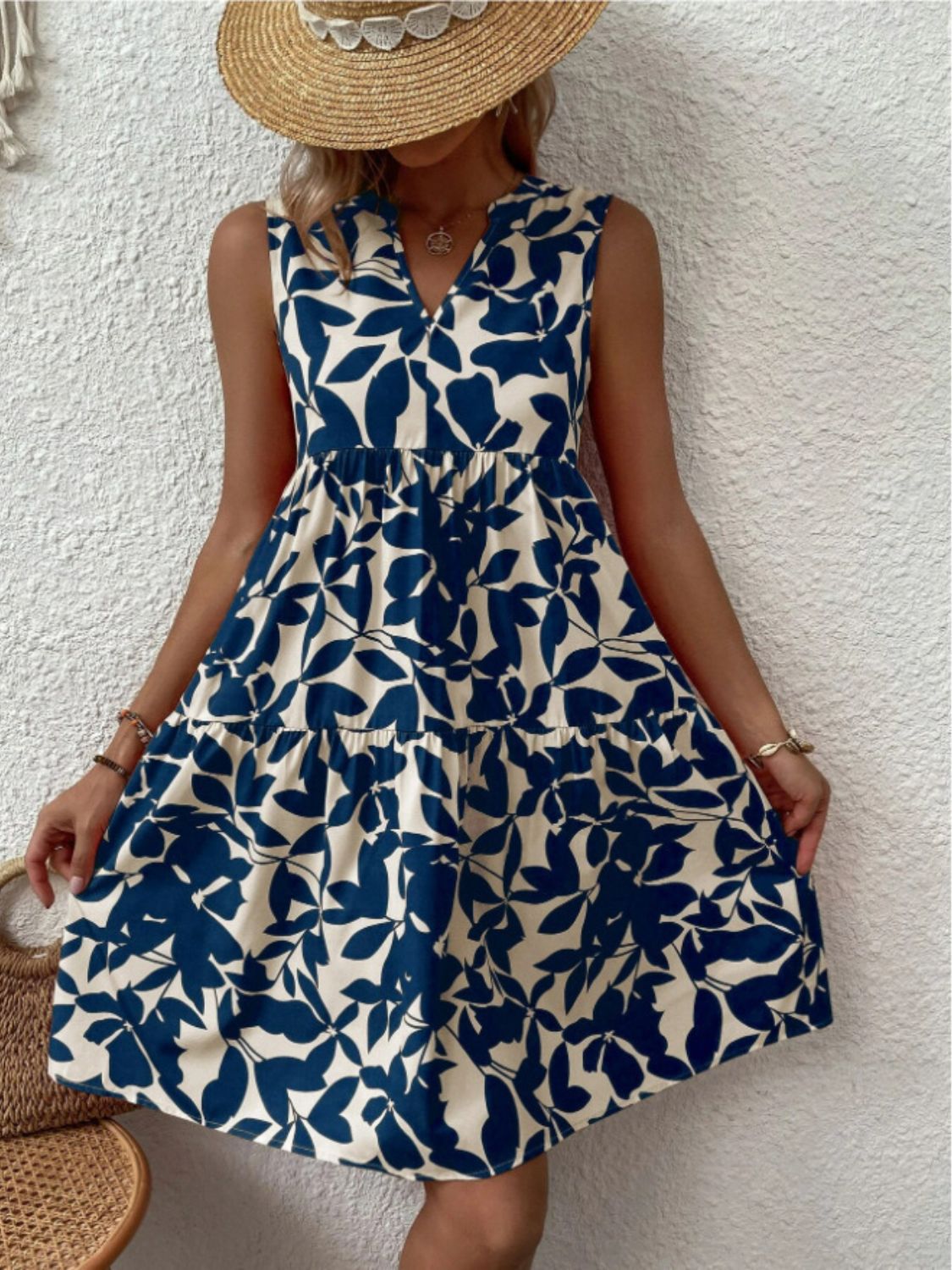 Printed Notched Sleeveless Mini Dress Dress Trendsi   