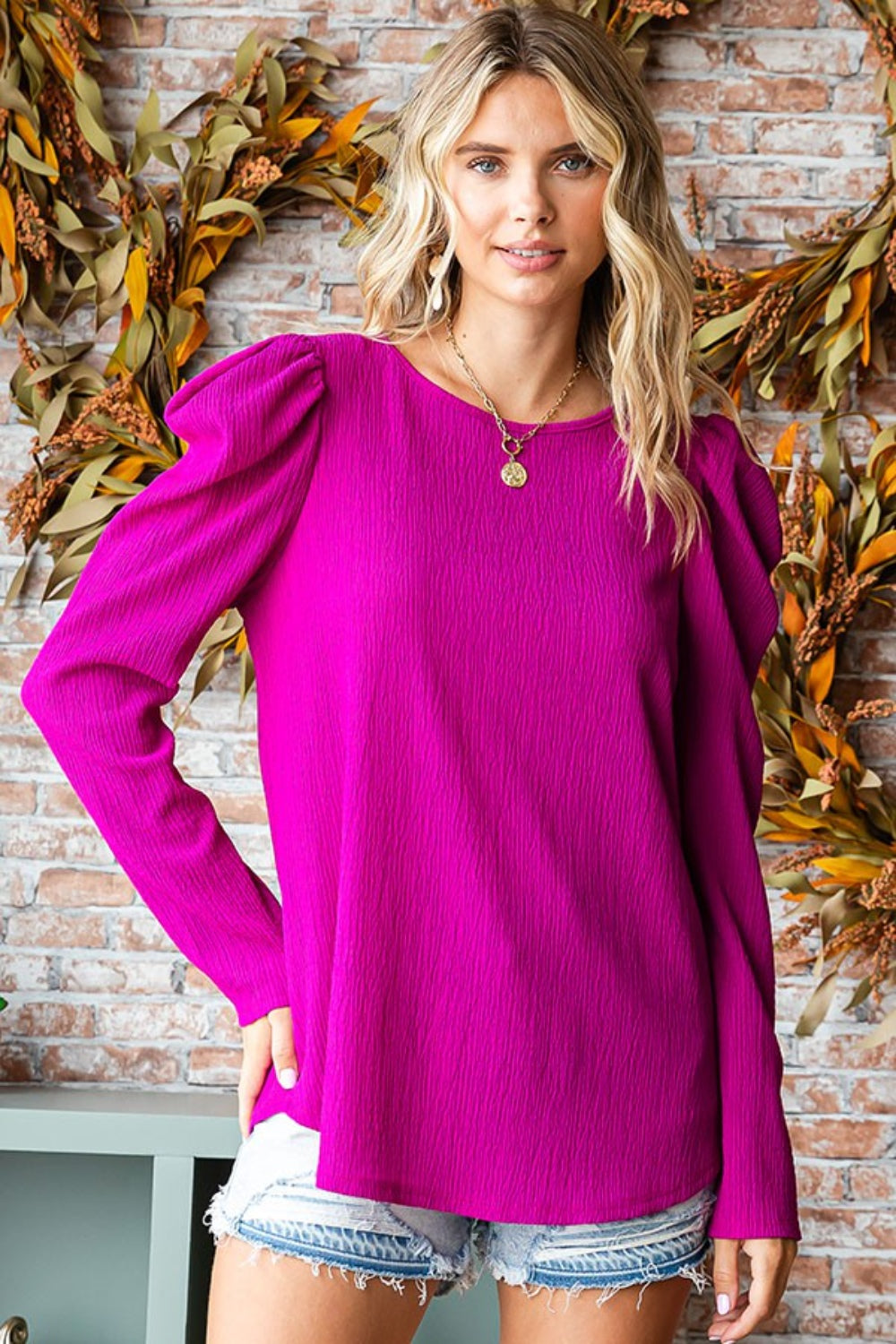 First Love Texture Puff Sleeve Round Neck Blouse  Trendsi   