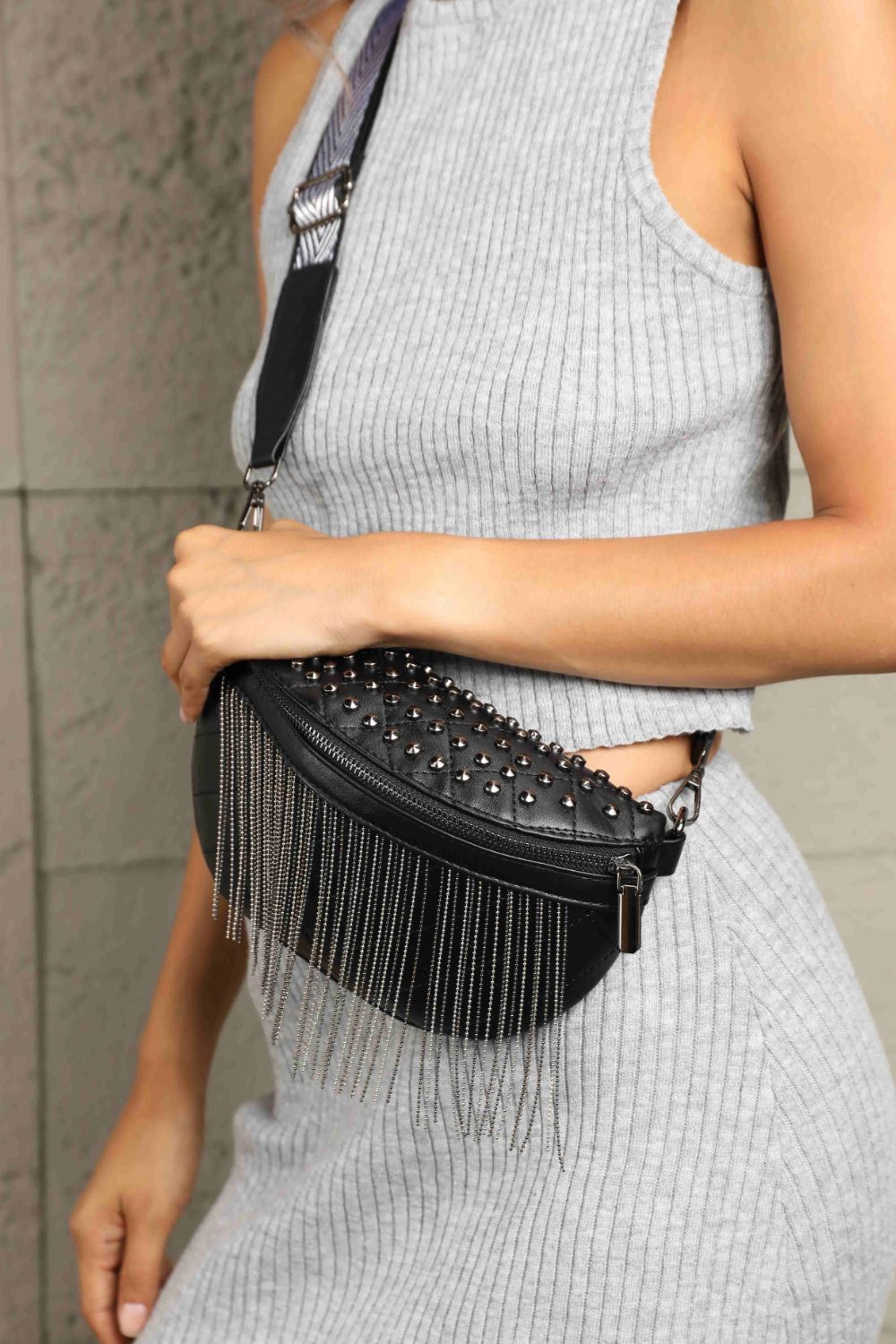 PU Leather Studded Sling Bag with Fringes  Trendsi Black One Size 