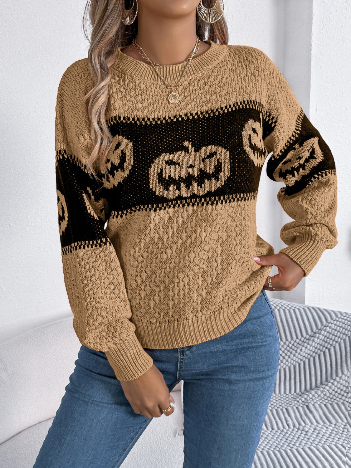 Pumpkin Round Neck Long Sleeve Sweater  Trendsi Camel S 