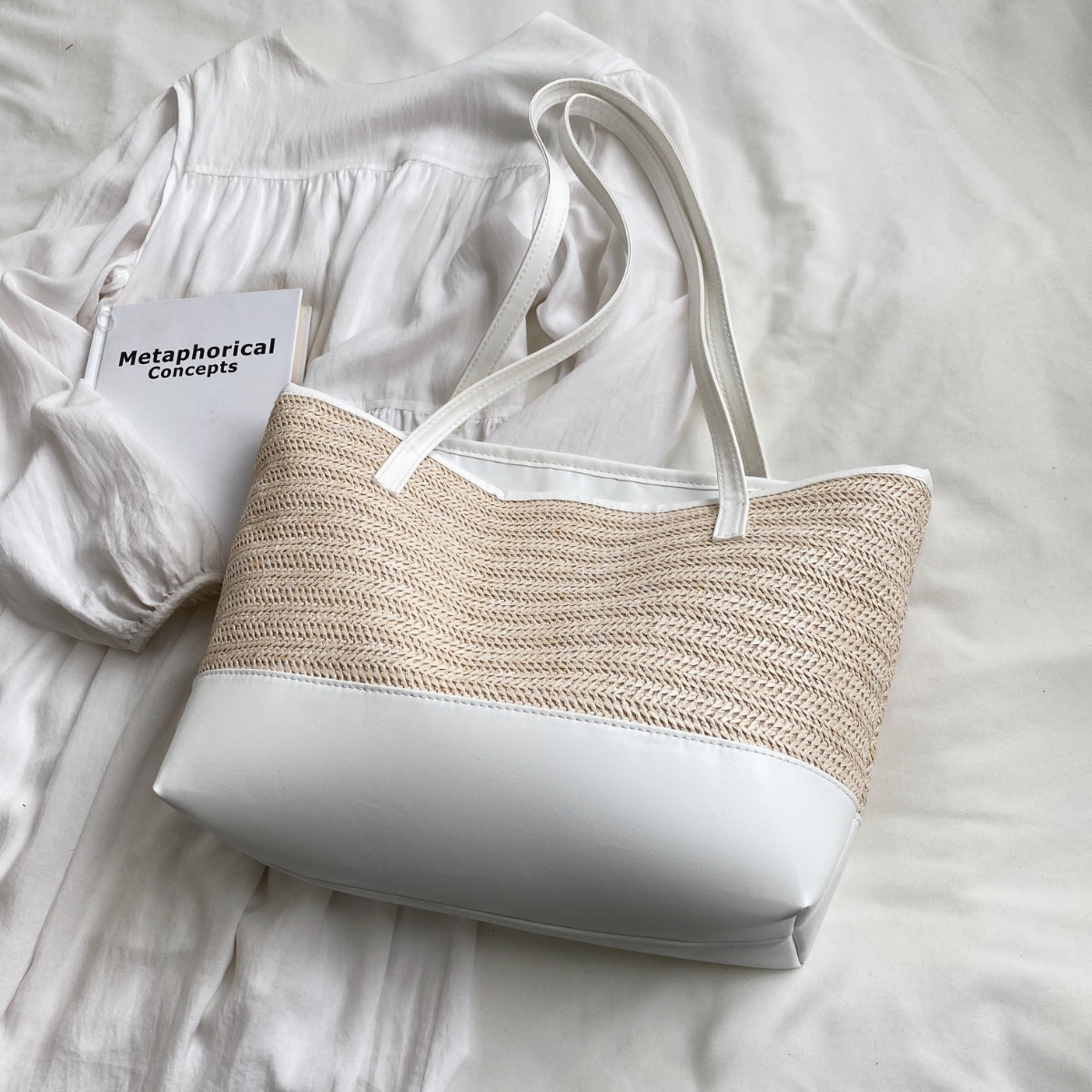 Straw Weave Leather Strap Tote Bag  Trendsi White One Size 