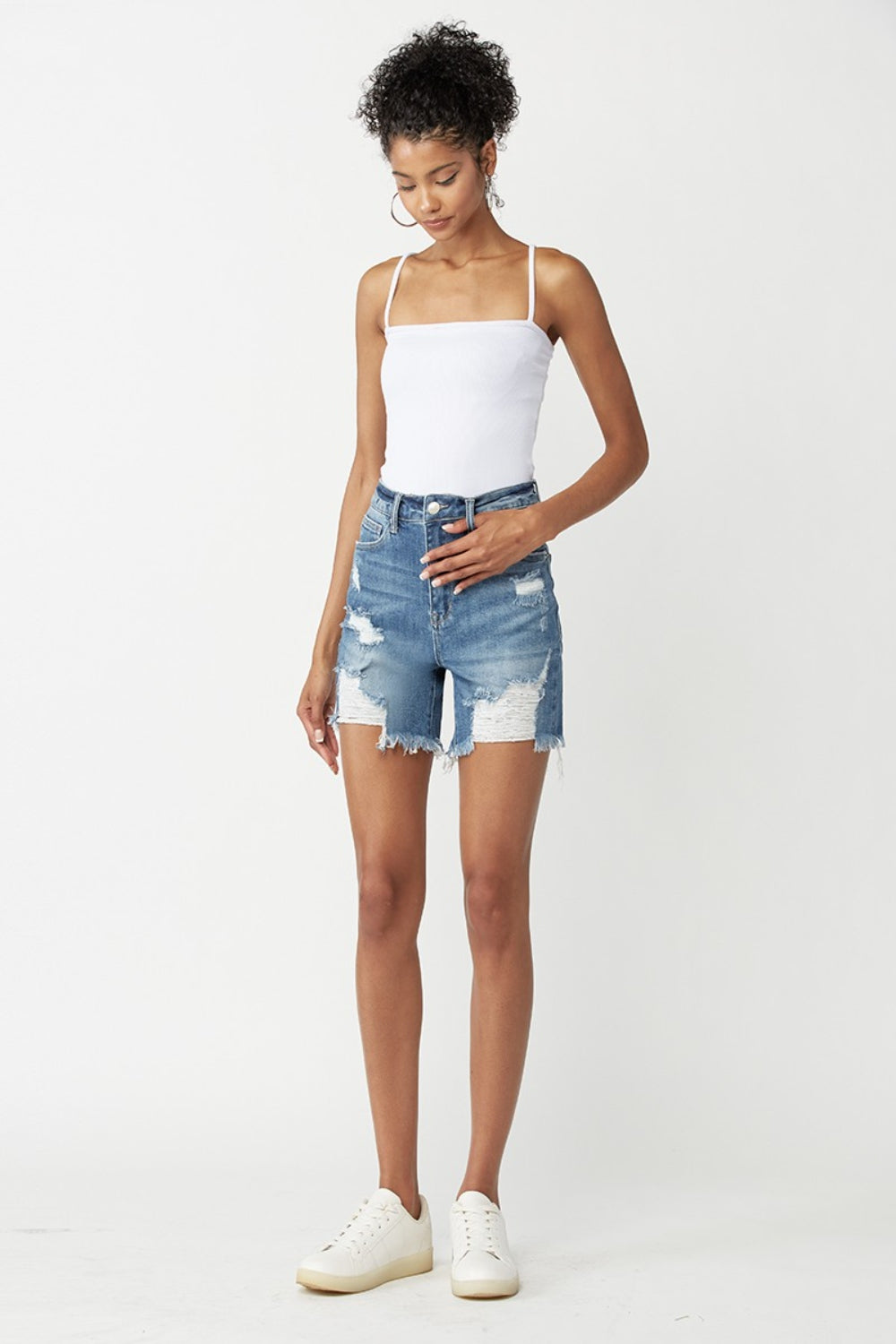 RISEN High Waisted Distressed Denim Shorts  Trendsi   