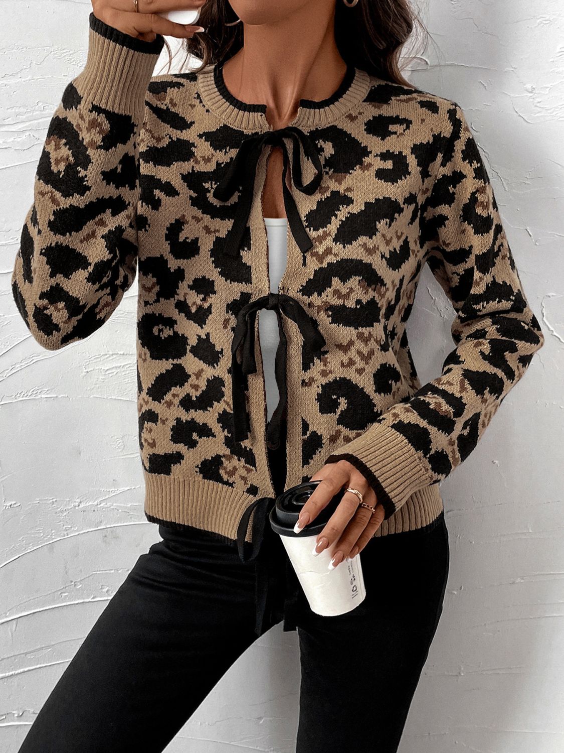 Perfee Tied Leopard Long Sleeve Cardigan