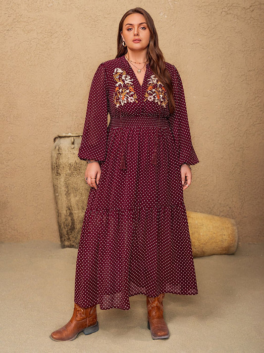 Plus Size Embroidered Polka Dot Tie Neck Long Sleeve Midi Dress Dress Trendsi Burgundy 0XL 