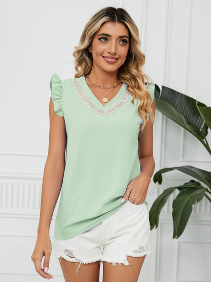 Ruffled V-Neck Cap Sleeve Blouse Blouse Trendsi   