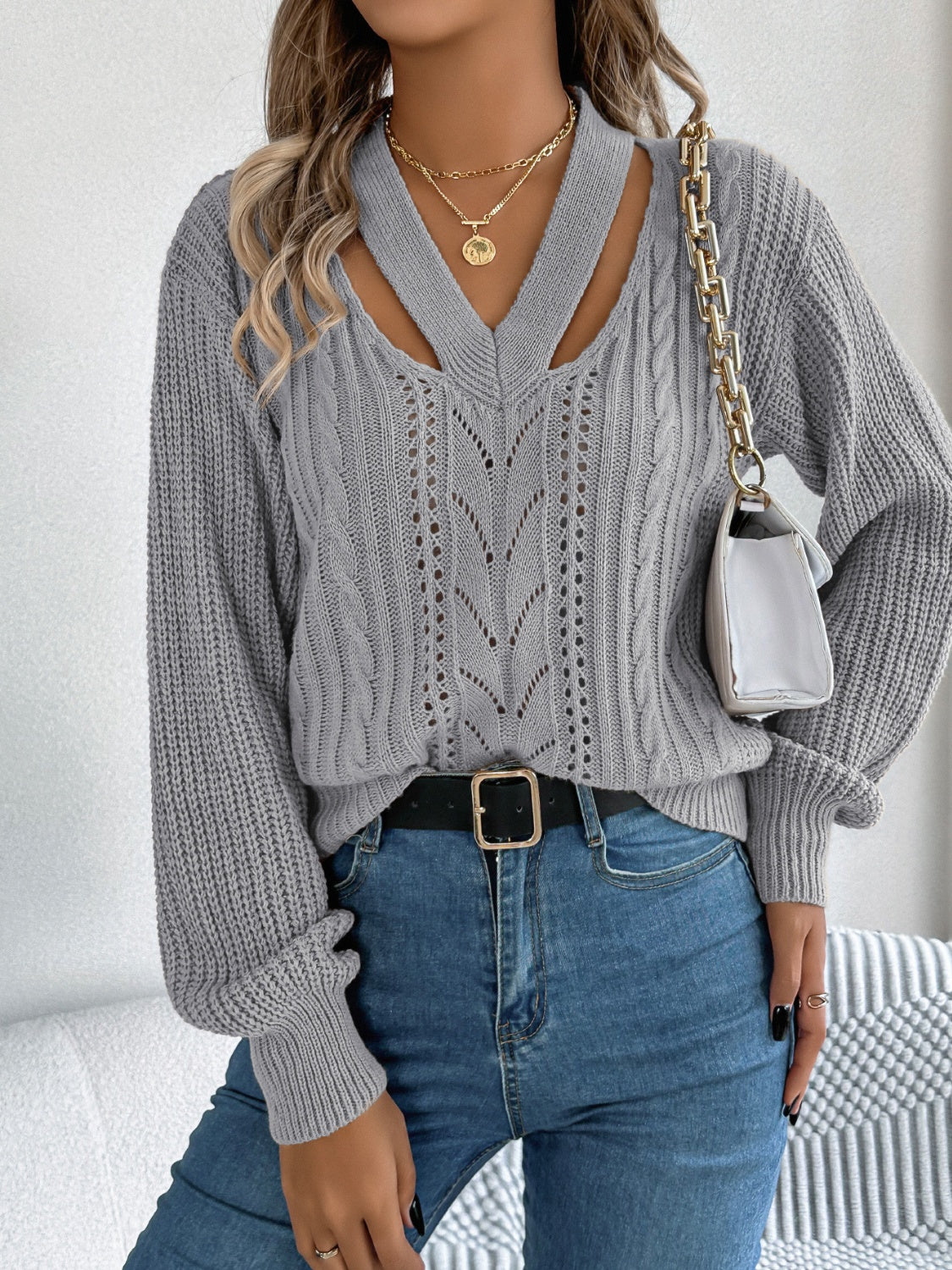 Cutout V-Neck Long Sleeve Sweater  Trendsi   