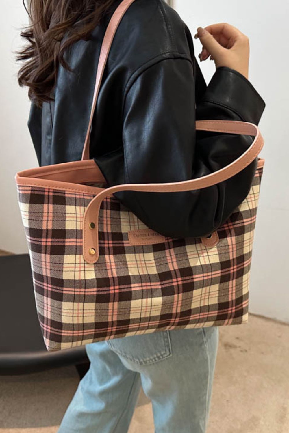 Plaid PU Leather Tote Bag  Trendsi   