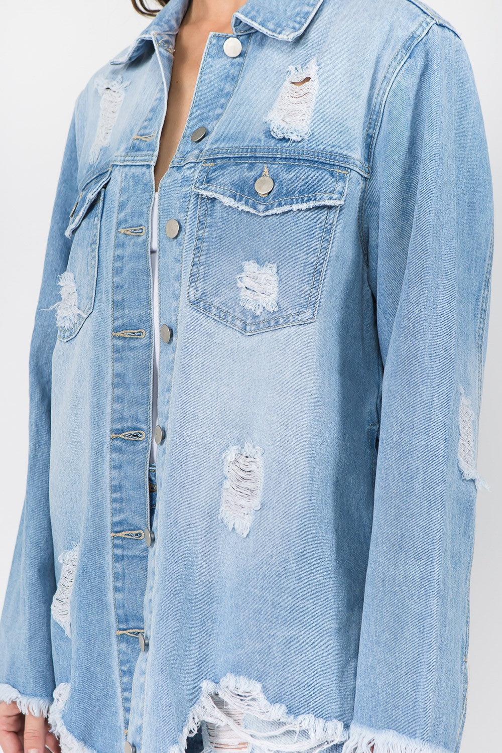 American Bazi Distressed Frayed Hem Denim Jacket  Trendsi   