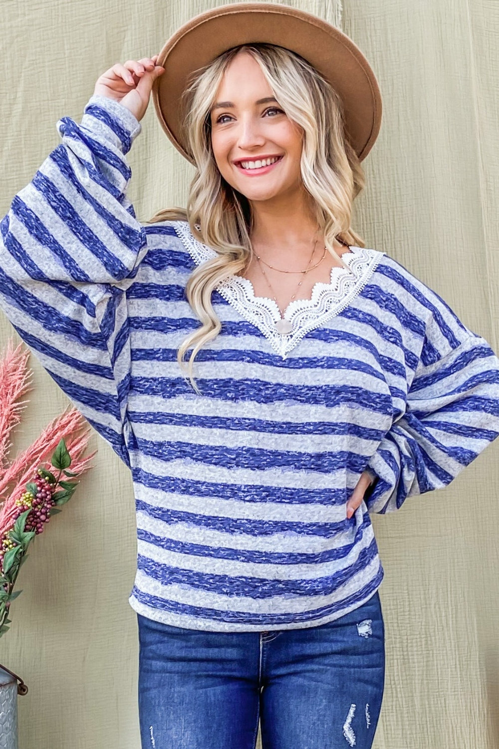 And The Why Striped Lace Detail V Neck Top  Trendsi BLUE S 