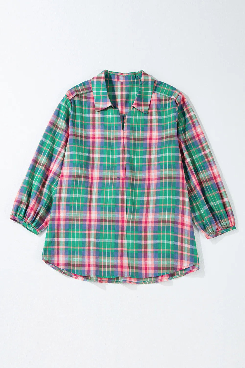 Plaid Collared Neck Three-Quarter Sleeve Blouse Blouse Trendsi   