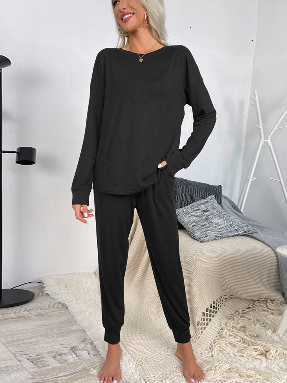 Shiny Round Neck Top and Drawstring Pants Lounge Set  Trendsi   