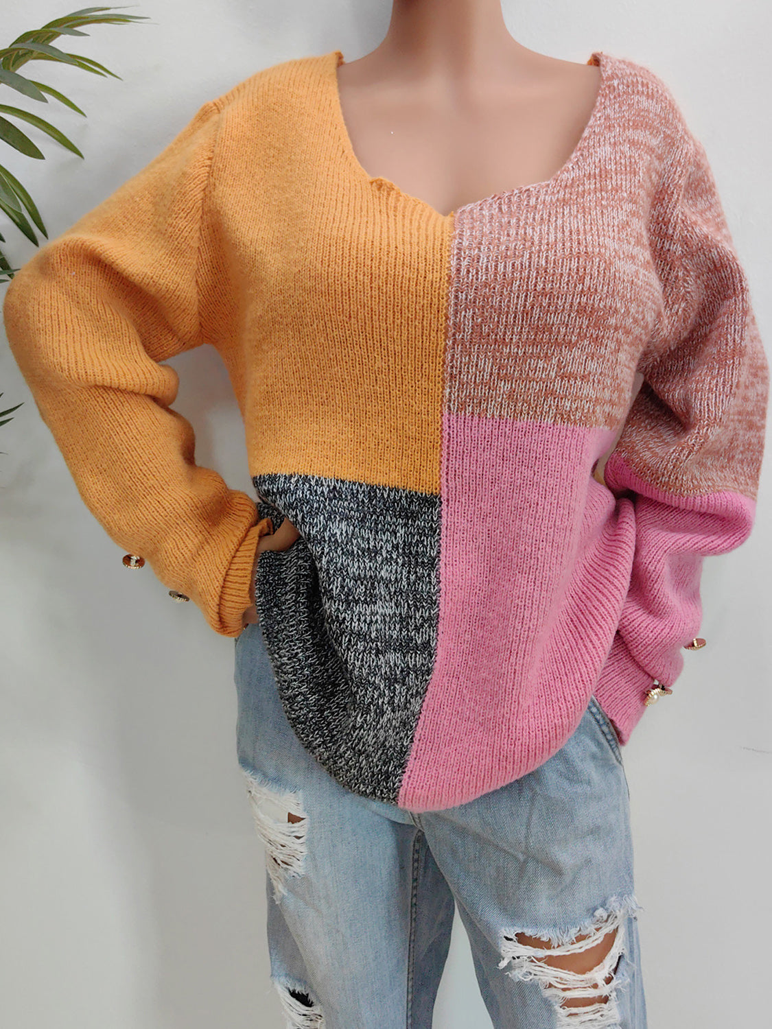 Color Block Decorative Button Long Sleeve Sweater  Trendsi Sherbet S 