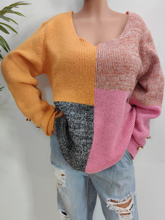 Color Block Decorative Button Long Sleeve Sweater  Trendsi Sherbet S 