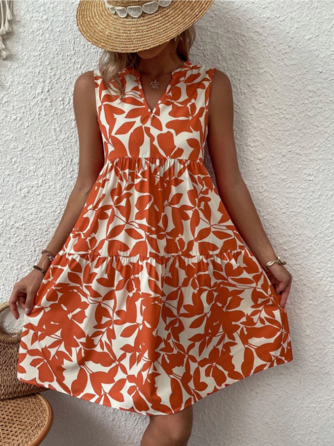 Printed Notched Sleeveless Mini Dress Dress Trendsi Orange S 