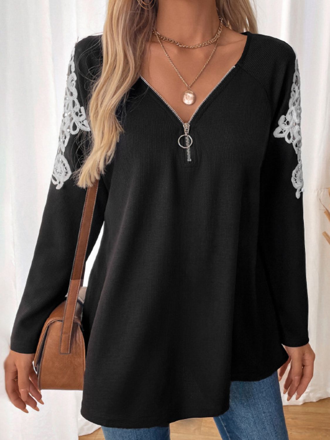 Perfee Lace Detail Quarter Zip Long Sleeve Top T-Shirt Trendsi Black S 