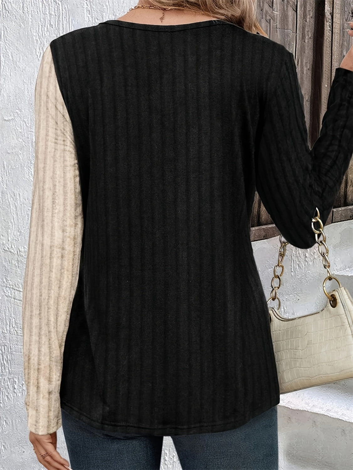 Decorative Button Contrast Round Neck Long Sleeve T-Shirt T-Shirt Trendsi   