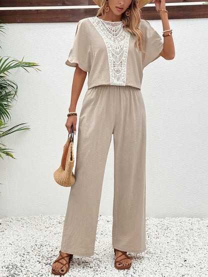 Honey Lace Detail Round Neck Top and Pants Set  Trendsi   