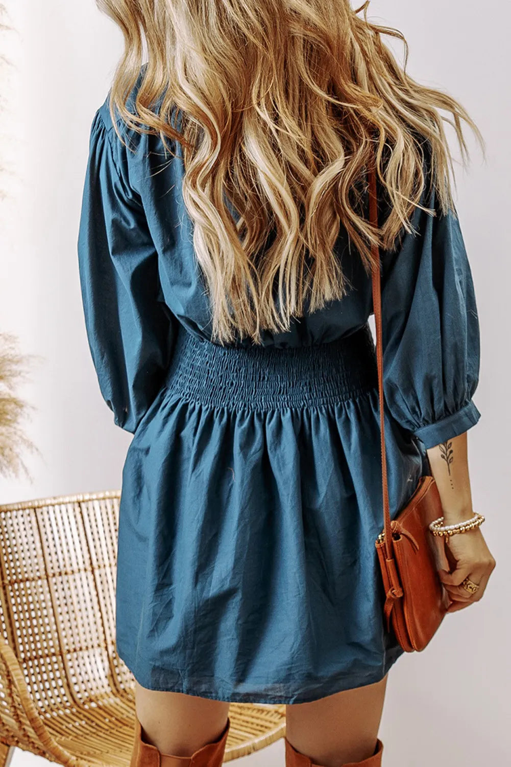 Smocked Half Button Three-Quarter Sleeve Mini Dress Dress Trendsi   