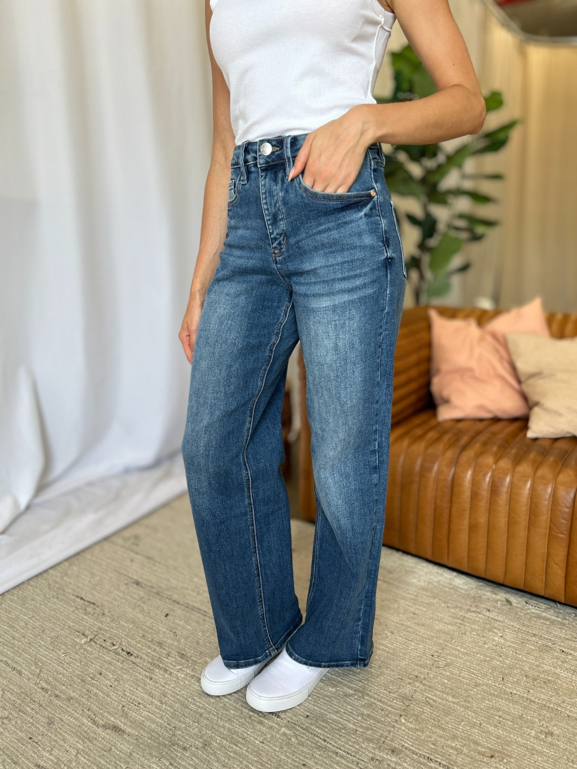 RFM Full Size High Rise Tummy Control Wide Leg Jeans  Trendsi   