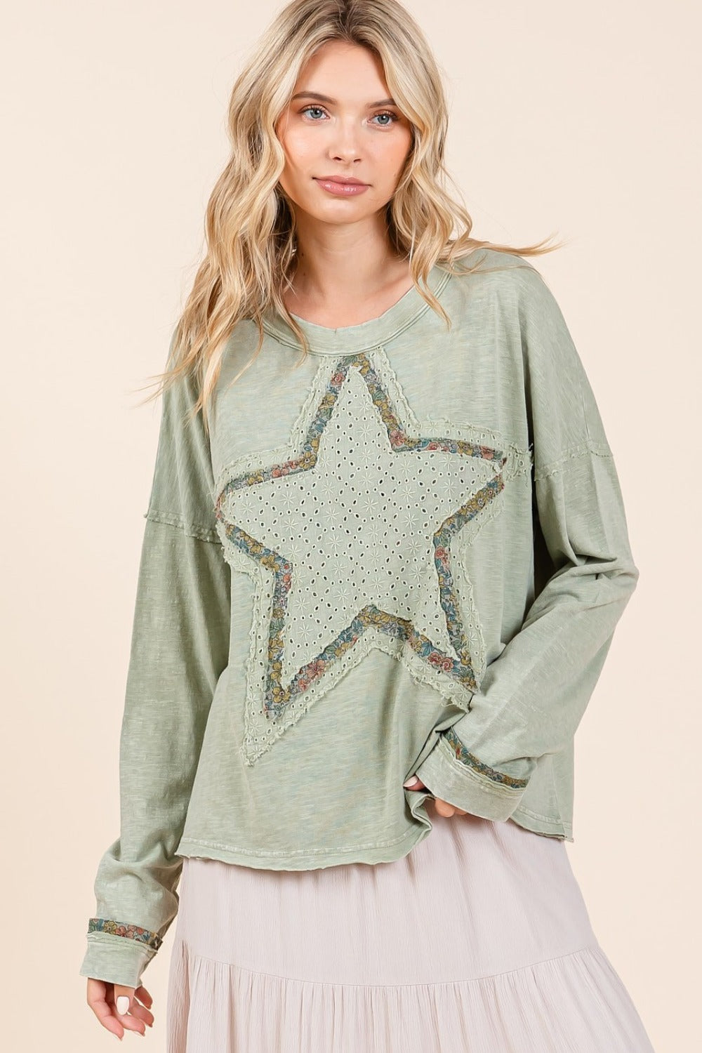 Mittoshop Mineral Wash Star Patch Long Sleeve T-Shirt  Trendsi   