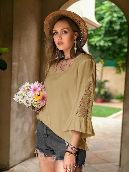 Plus Size Lace Detail V-Neck Flounce Sleeve Blouse Blouse Trendsi   