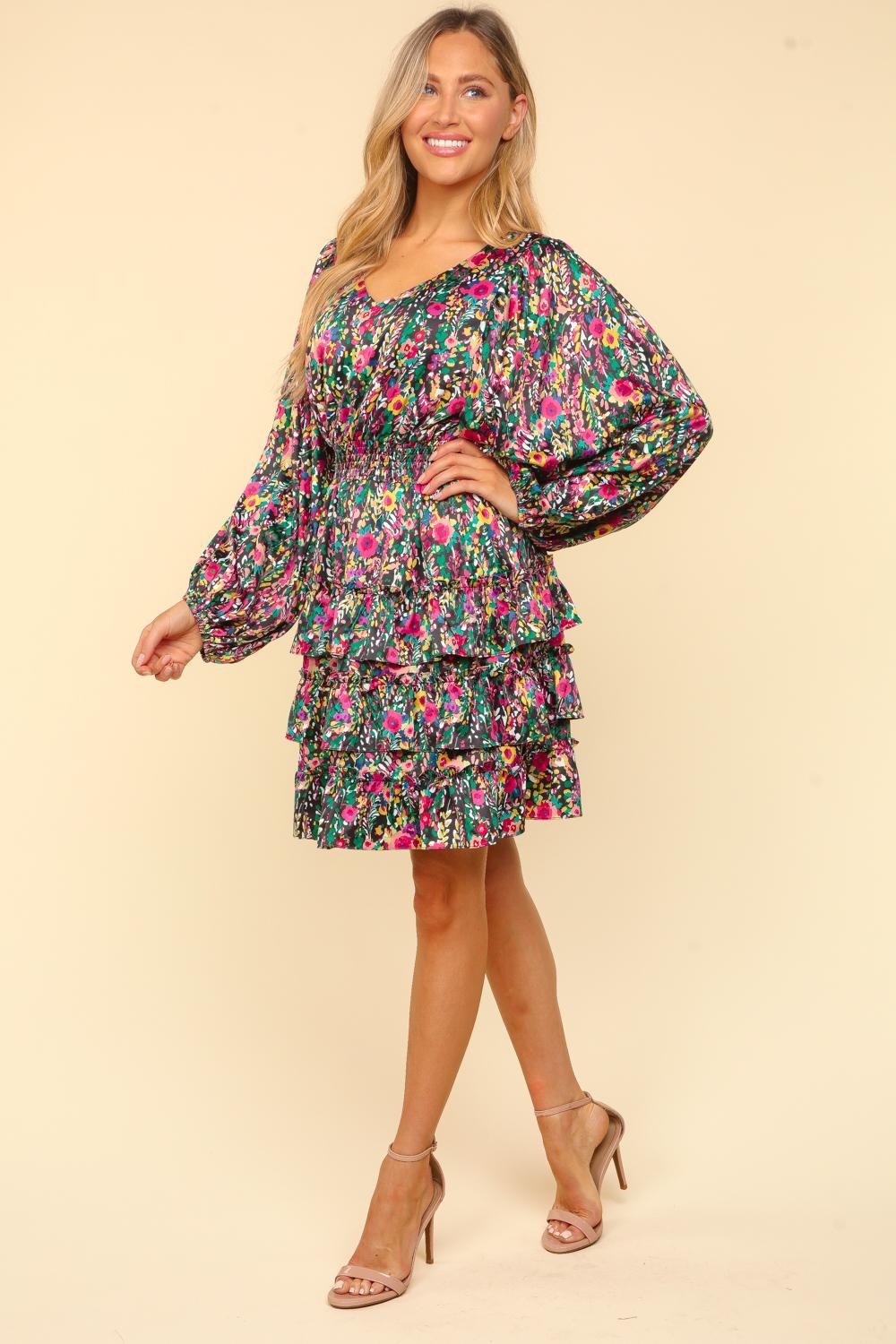 Haptics V-Neck Satin Floral Layered Dress  Trendsi   