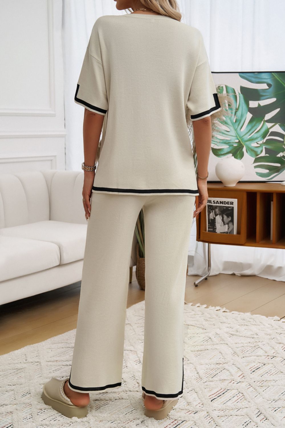 Devine Contrast Trim Half Sleeve Top and Pants Set  Trendsi   