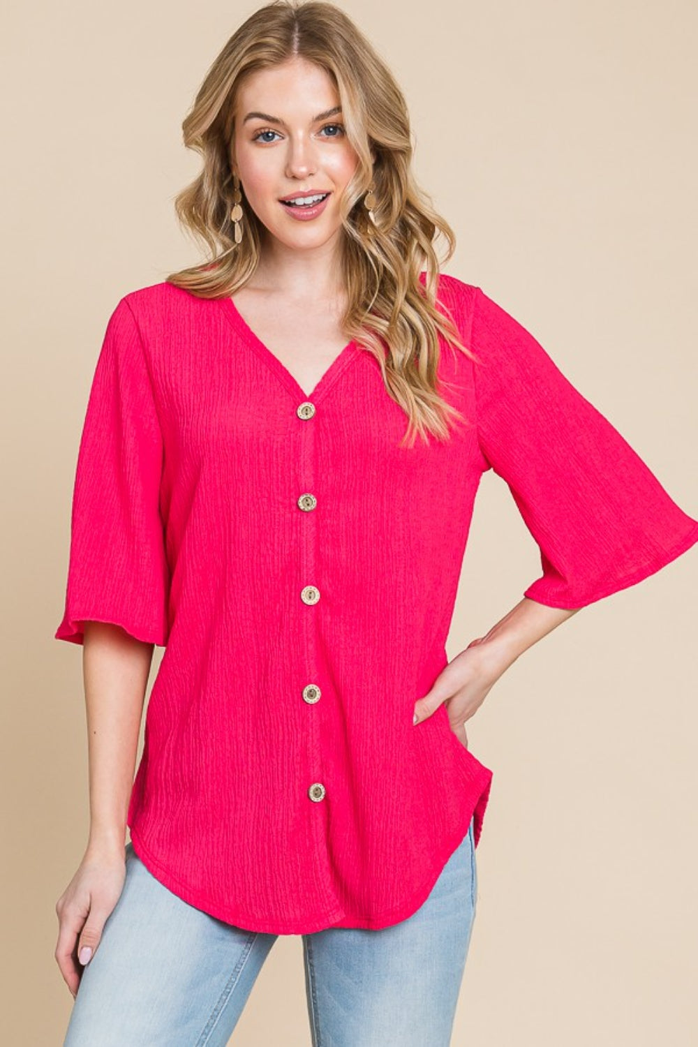 BOMBOM Texture Decorative Button V-Neck Top  Trendsi   