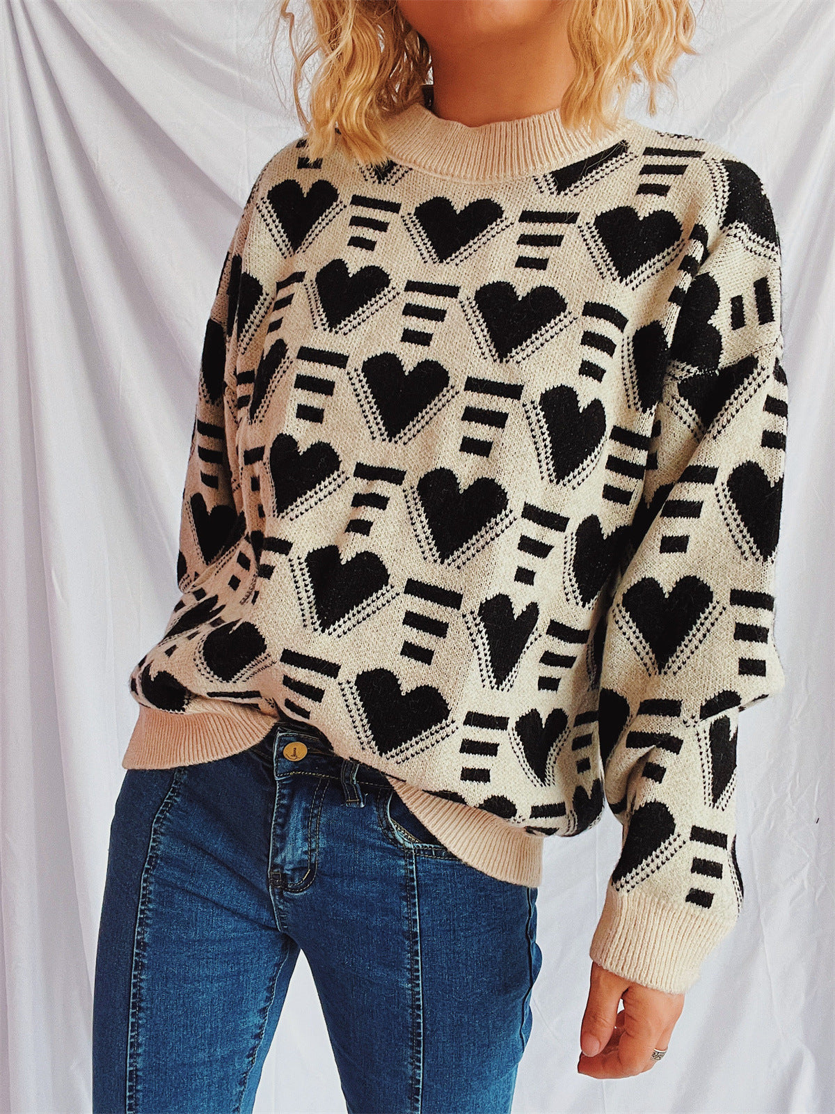 Heart Contrast Long Sleeve Dropped Shoulder Sweater  Trendsi Tan One Size 