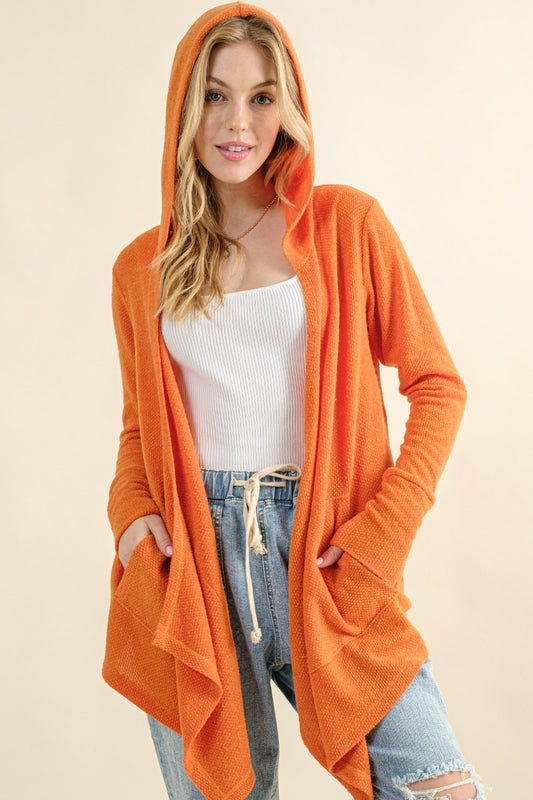 And The Why Full Size Thermal Hooded Open Front Cardigan with Pockets Luxe Trendsi Dusty Coral S 