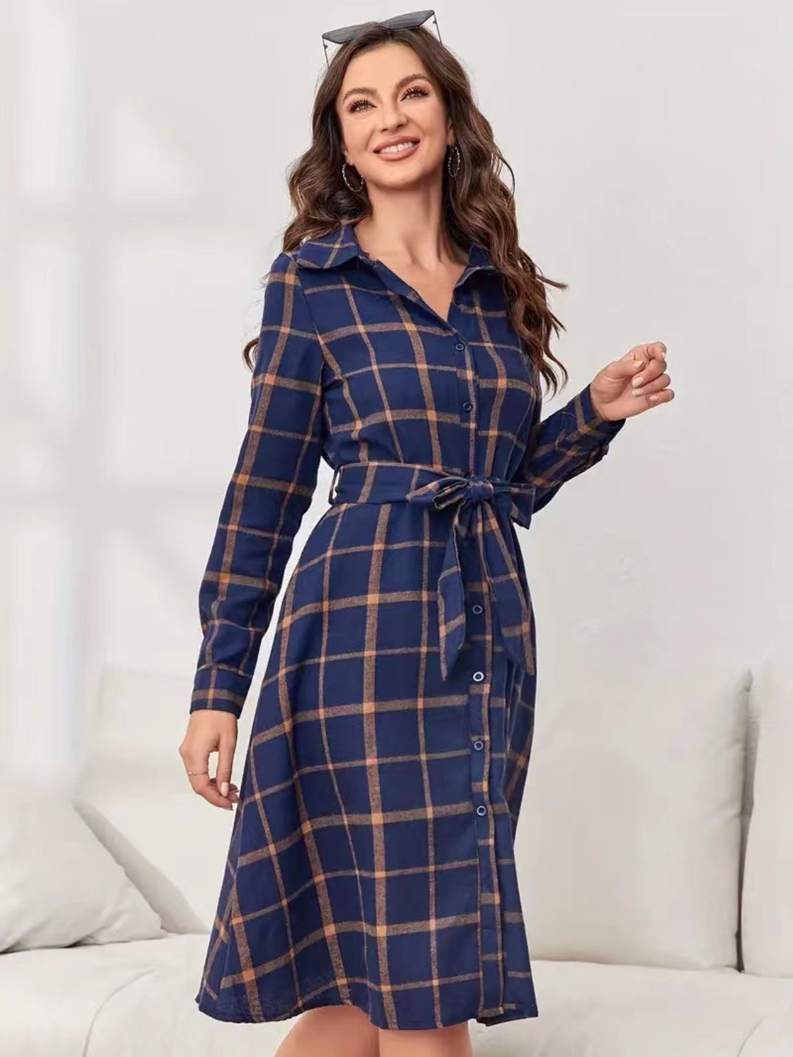 Plaid Tie Waist Long Sleeve Dress  Trendsi   