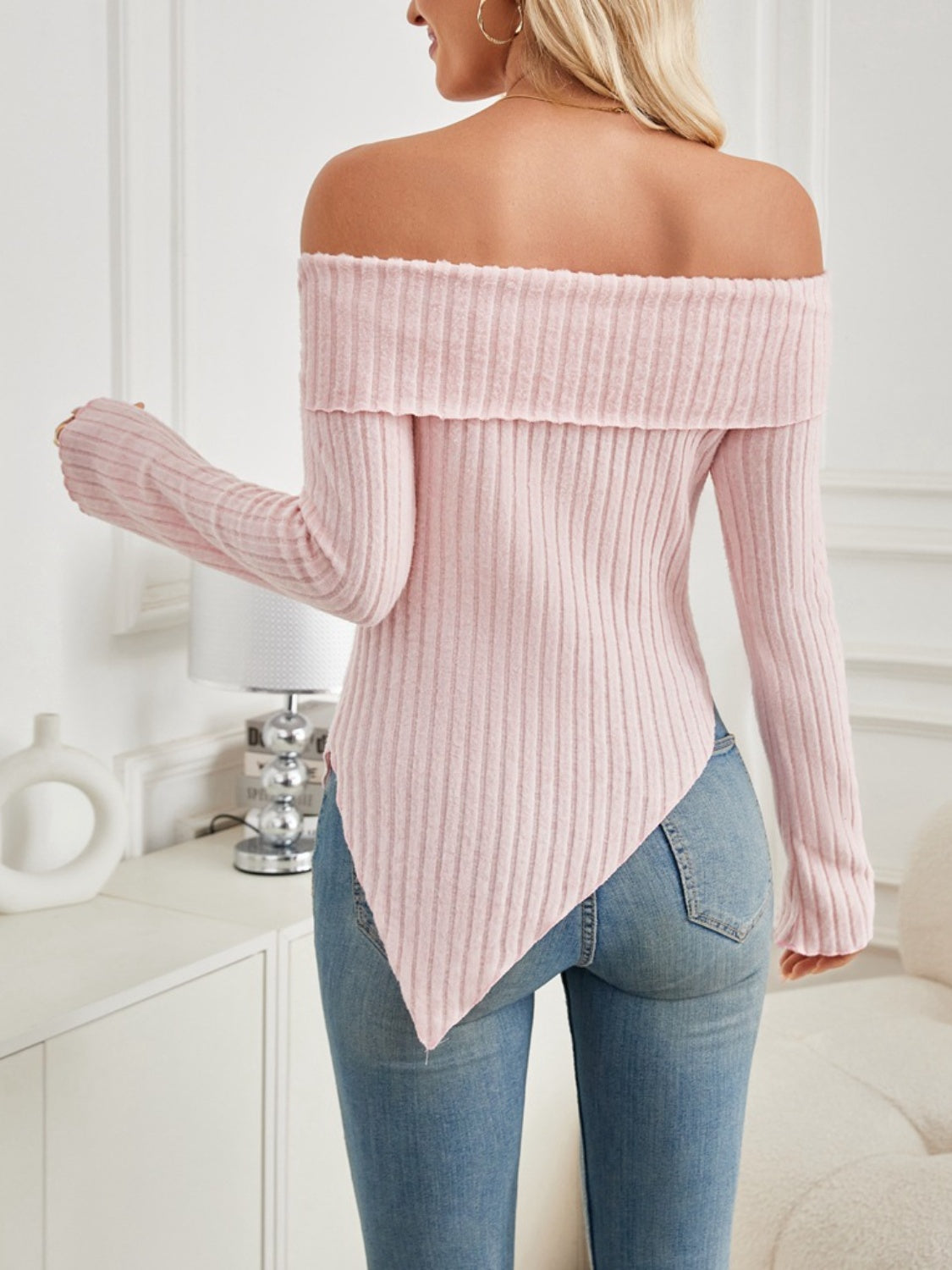 Ribbed Asymmetrical Hem Off-Shoulder Long Sleeve T-Shirt T-Shirt Trendsi   