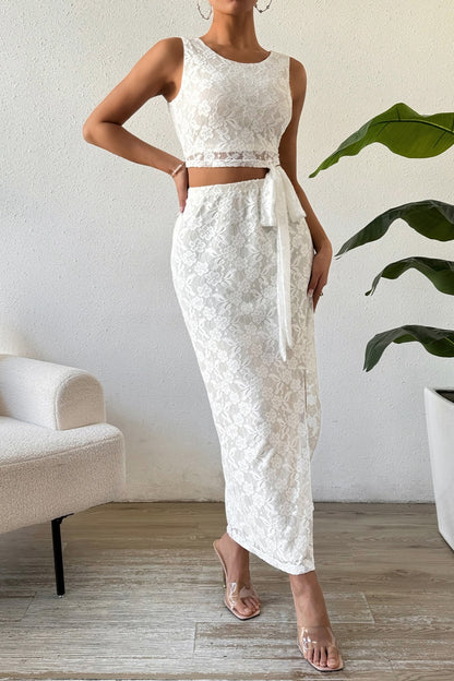 Lace Round Neck Top and Slit Skirt Set