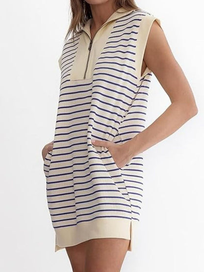 Full Size Pocketed Striped Quarter Zip Cap Sleeve Dress