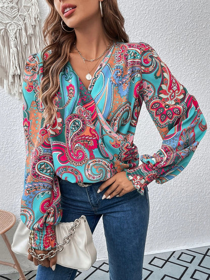 Printed Surplice Smocked Lantern Sleeve Blouse Blouse Trendsi Floral S 