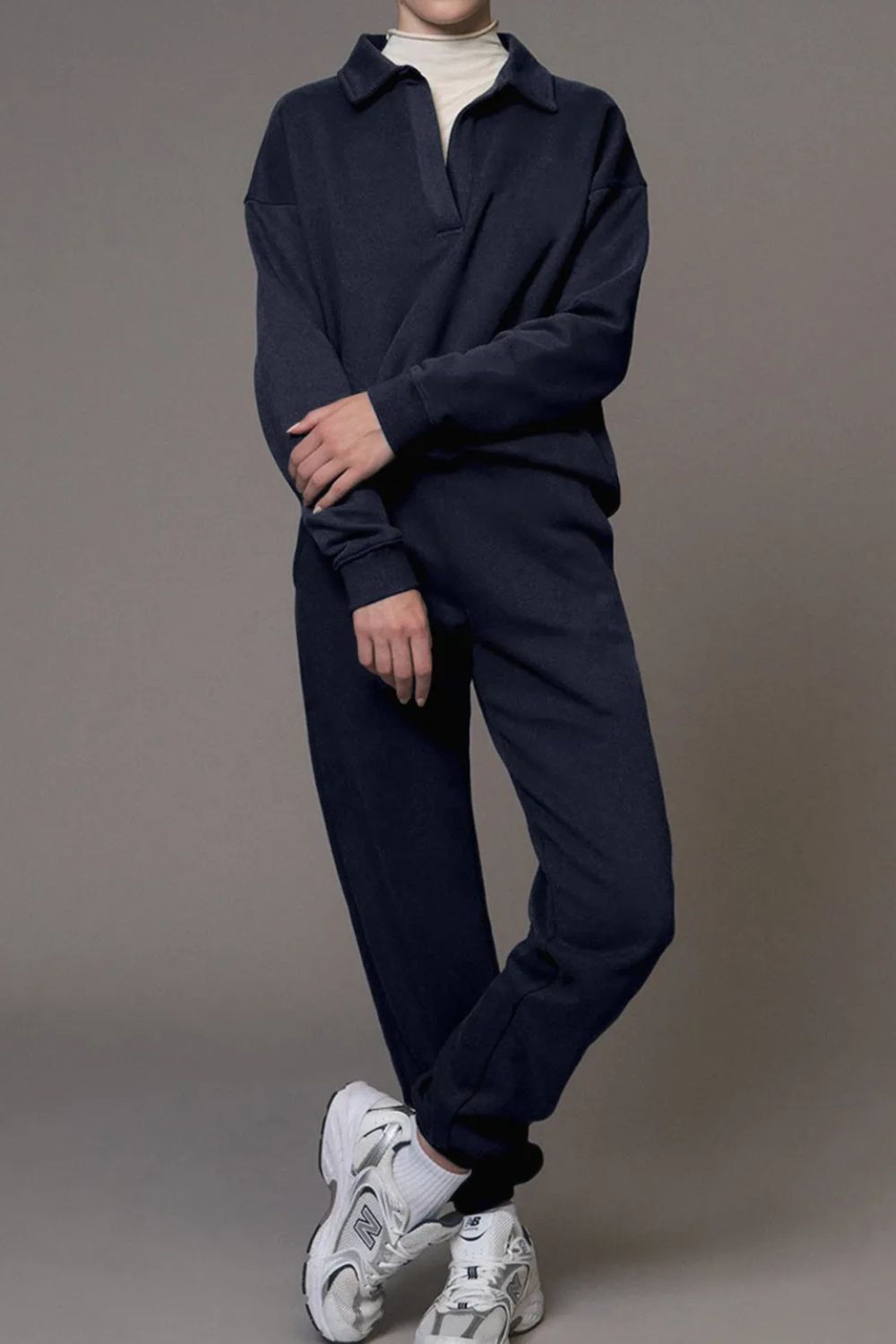 Johnny Collar Long Sleeve Top and Joggers Active Set  Trendsi Dark Navy S 