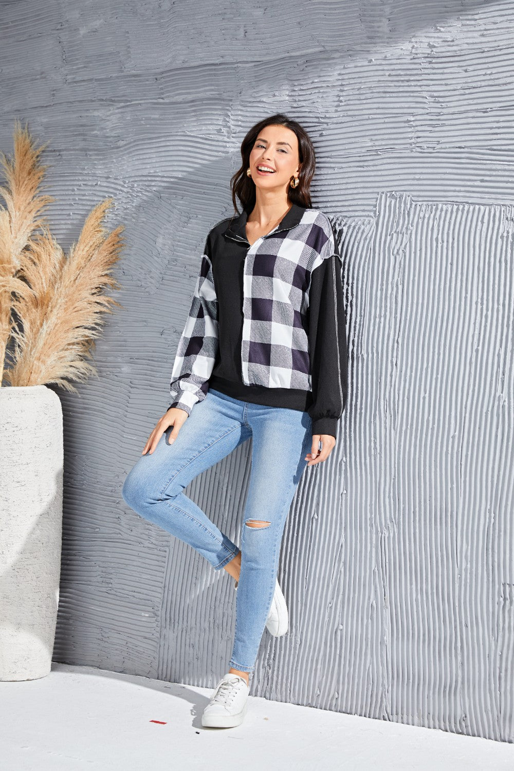 Plaid Exposed Seam Long Sleeve Blouse Blouse Trendsi   