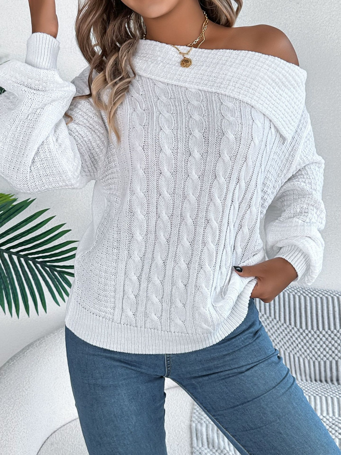 Cable-Knit One Shoulder Long Sleeve Sweater  Trendsi White S 