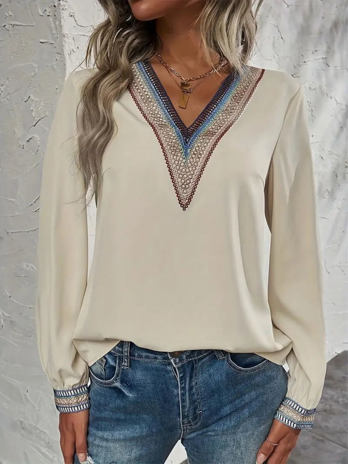 Contrast V-Neck Long Sleeve Blouse Blouse Trendsi Beige S 