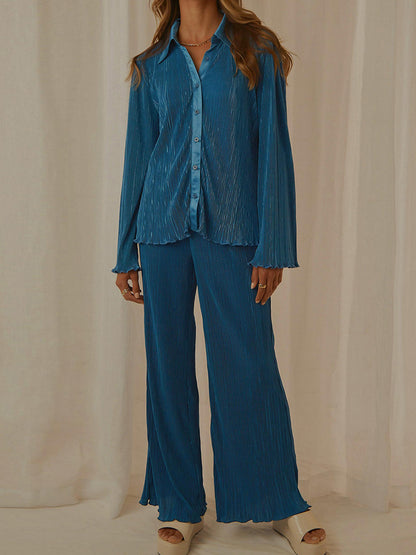 Collared Neck Long Sleeve Top and Pants Lounge Set  Trendsi Peacock  Blue S 