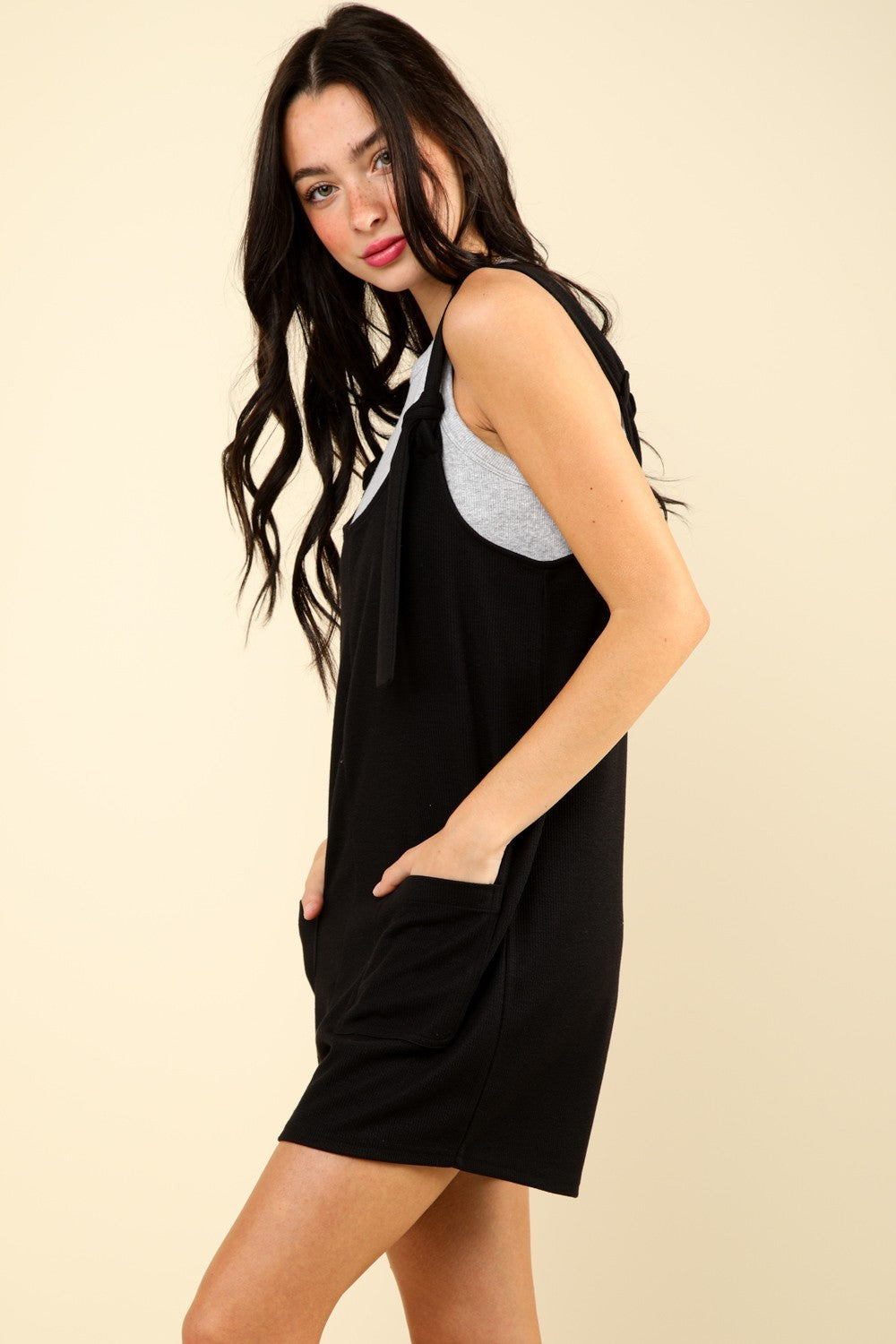 VERY J Tie Shoulder Front Pocket Romper  Trendsi   