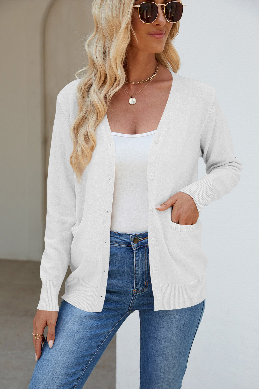 Pocketed V-Neck Button Up Long Sleeve Cardigan  Trendsi   