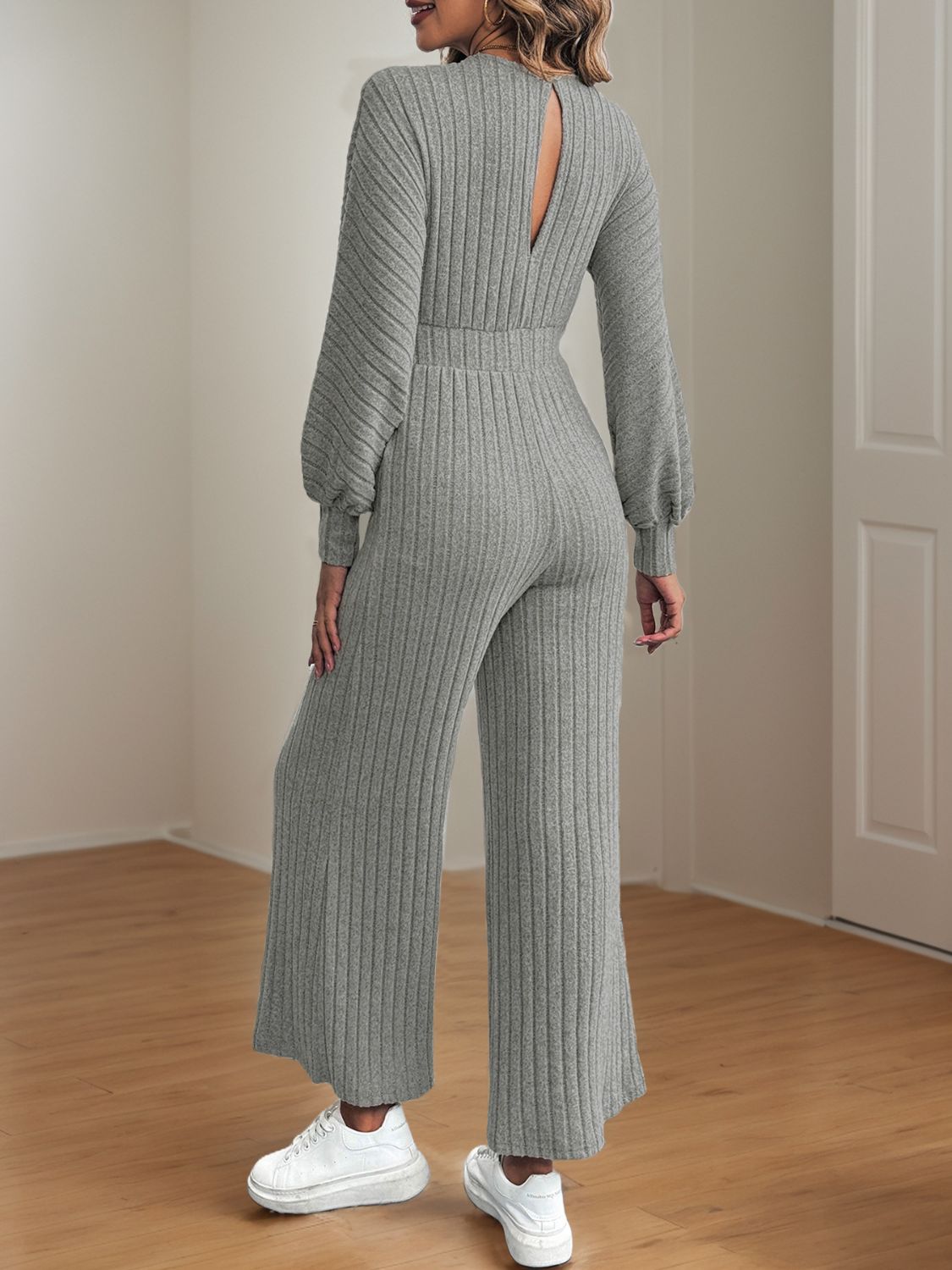 V-Neck Long Sleeve Wide Leg Jumpsuit  Trendsi   