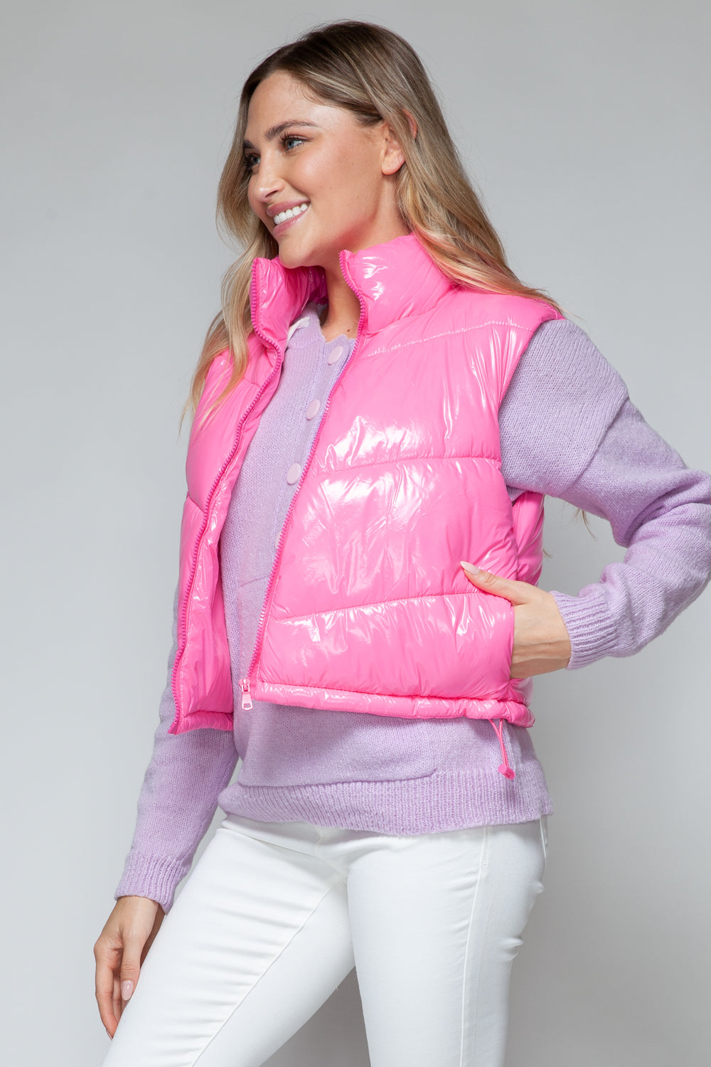 Snobbish Zip Up Turtleneck Shiny Quilted Vest  Trendsi   