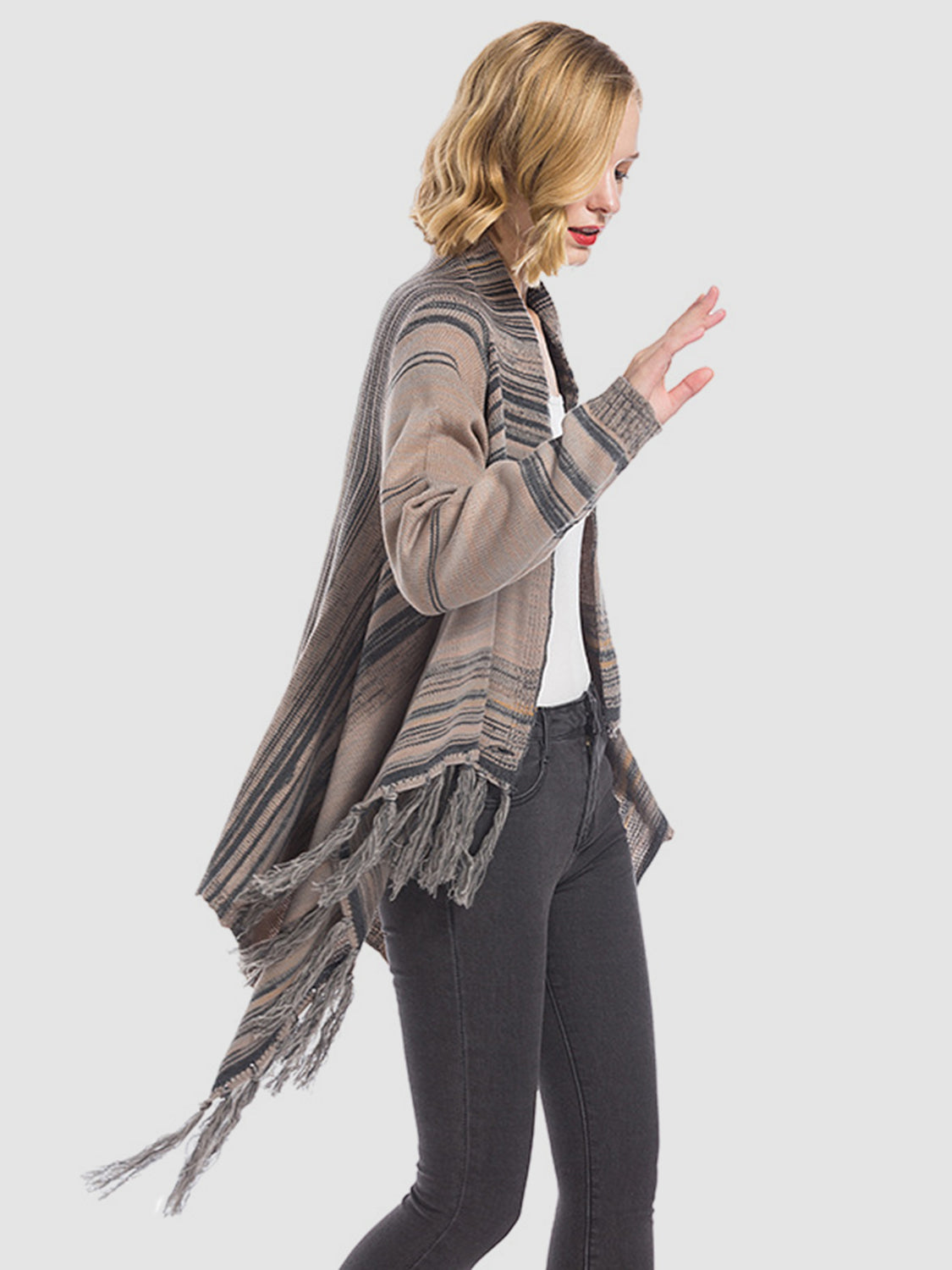 Angel Wings Tassel Striped Open Front Long Sleeve Cardigan  Trendsi   