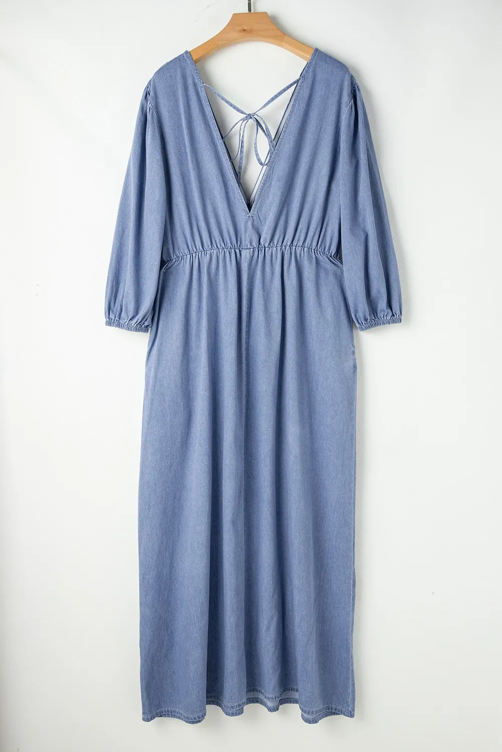 Tied Plunge Three-Quarter Sleeve Denim Dress  Trendsi   