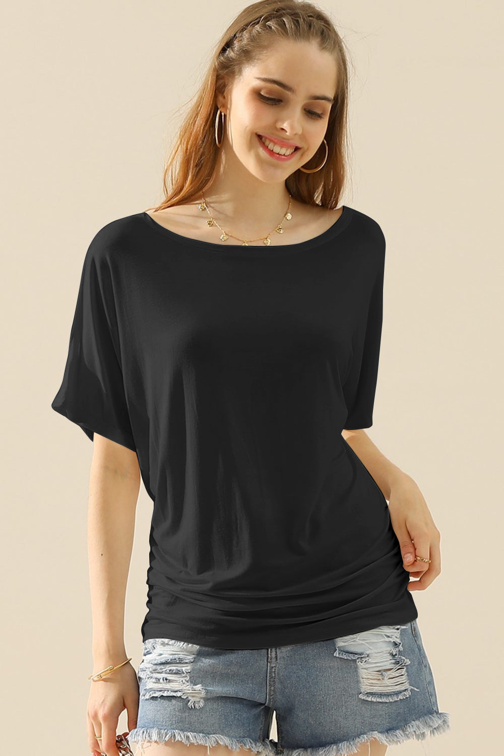 Ninexis Boat Neck Short Sleeve Ruched Side Top Blouse Trendsi   