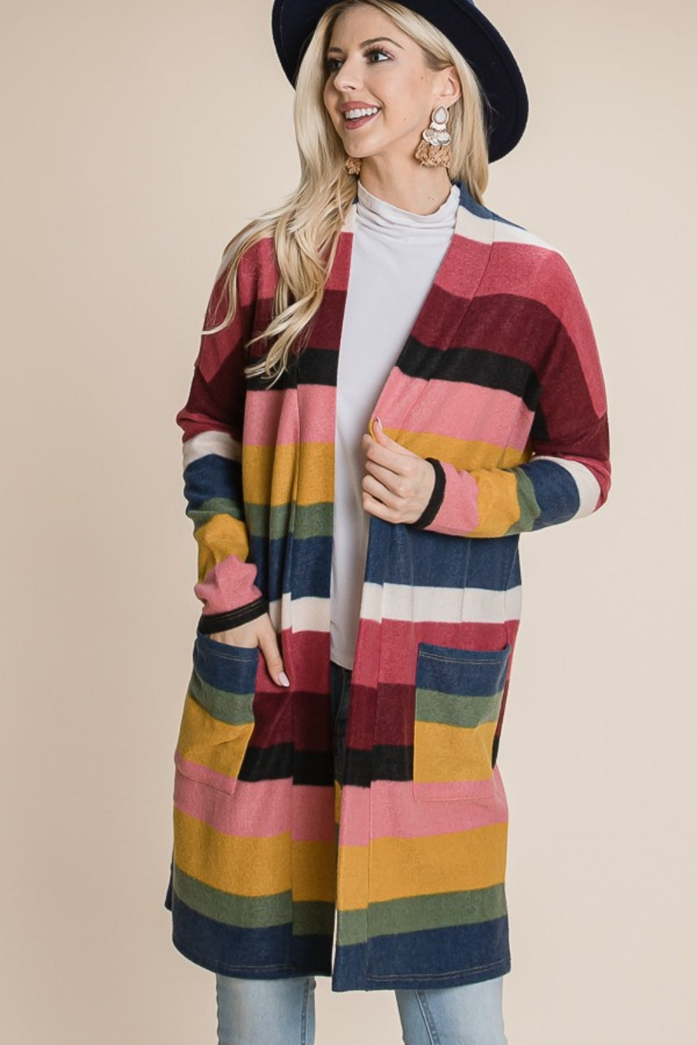 BOMBOM Color Block Striped Open Front Cardigan  Trendsi   