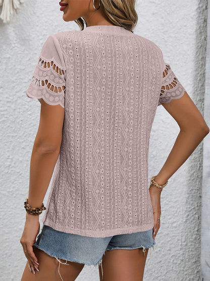 Full Size Eyelet Round Neck Short Sleeve Top Blouse Trendsi Lavender S 